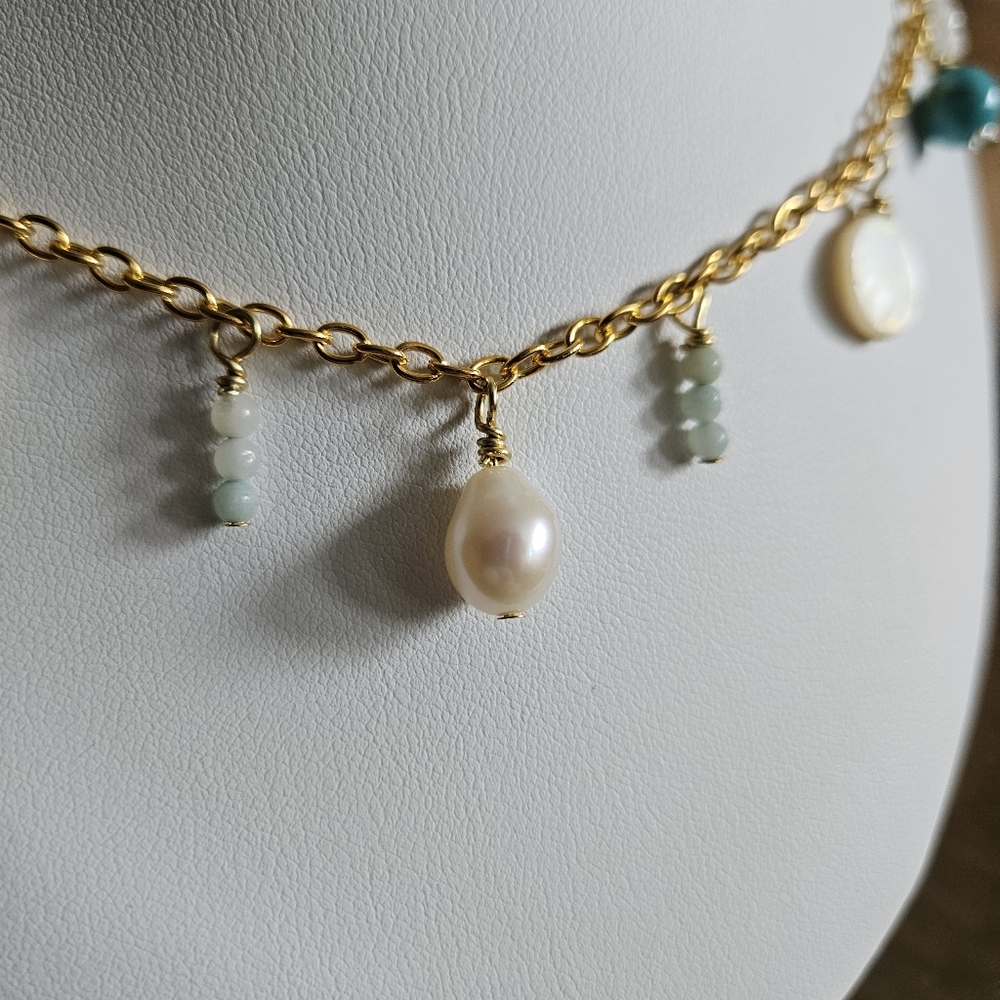 Beachy Seashell Gold and Turquoise Charm Necklace - Picture 3 of 6